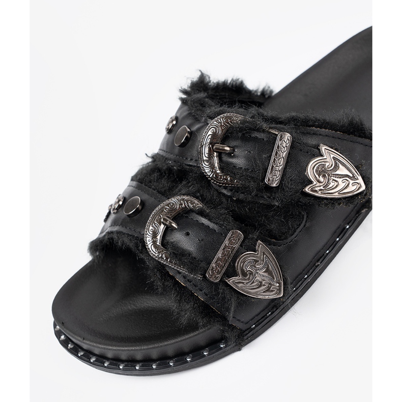 Shelvt Slippers with fur and buckles black 1