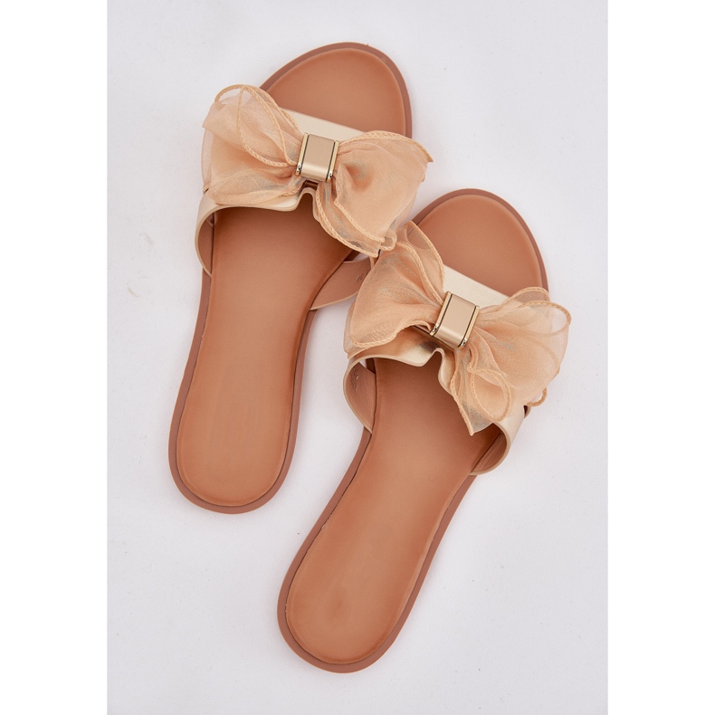Boto Flat -heeled women's flip flops with a tulle bow Golden Tanira 2 Boto Flat -heeled women's flip flops with a tulle bow Golden Tanira 2