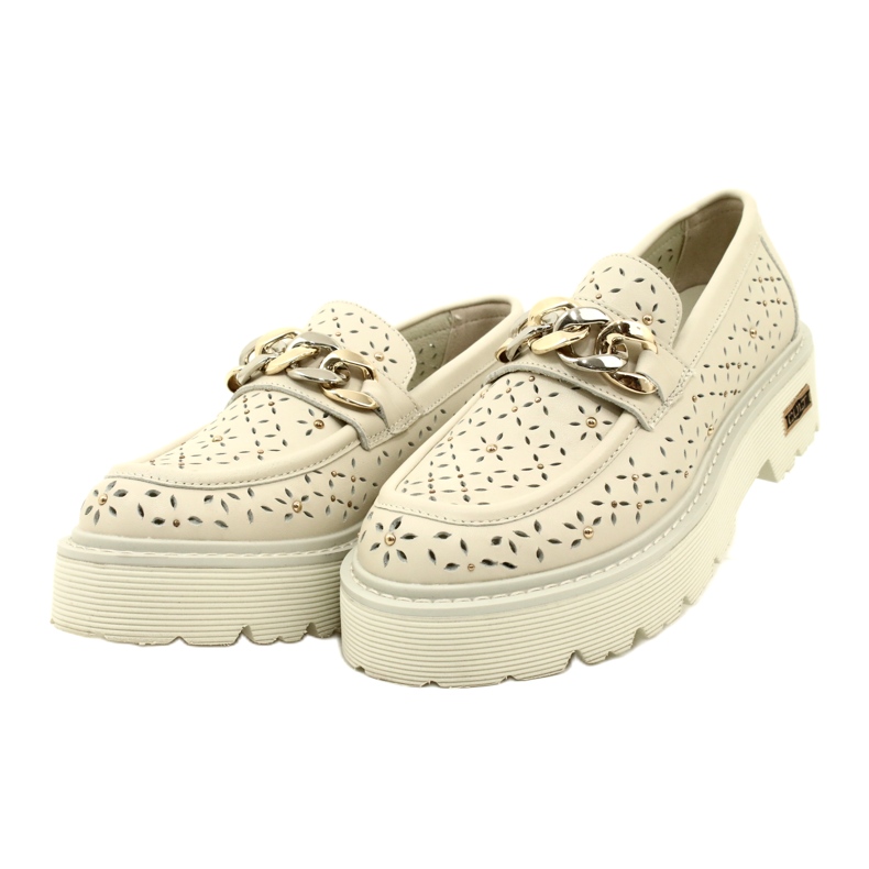 Leather openwork women's loafers on the platform with decoration CLW319405 beige 3 Leather openwork women's loafers on the platform with decoration CLW319405 beige 3