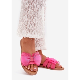 Boto Flat -heeled women's flip flops with a tulle bow Fuksja Tanira pink 1