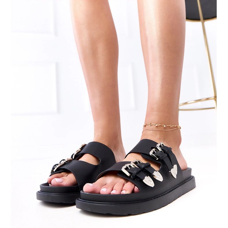 Black women's slippers with decorative buckles 1 Black women's slippers with decorative buckles 1