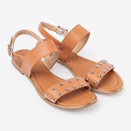 Shelvt Caramel flat sandals with silver studs 2 Shelvt Caramel flat sandals with silver studs 2