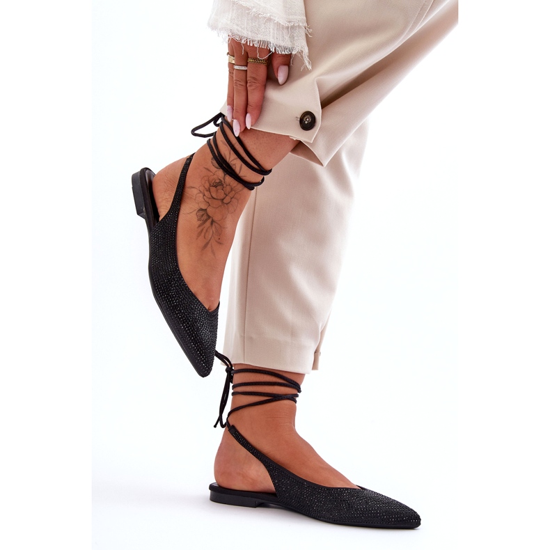 Women's Lace Up Ballerina Shoes Decorated with Studs, Black Jange 2