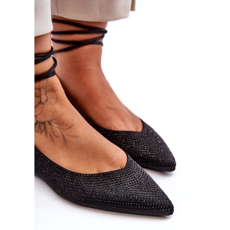Women's Lace Up Ballerina Shoes Decorated with Studs, Black Jange 3
