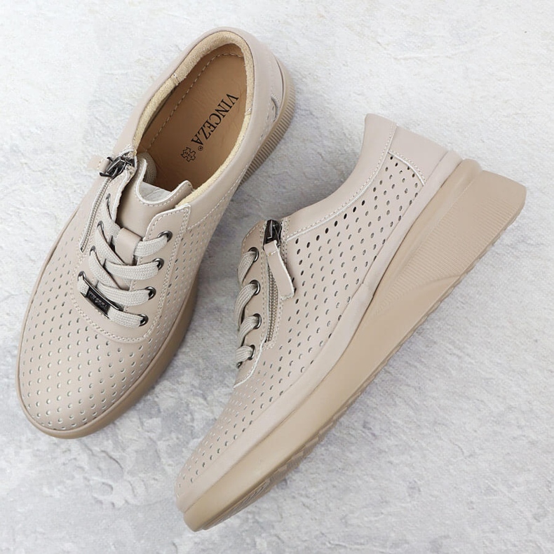 Women's leather shoes perforated on wedges beige Vinceza 79565 1