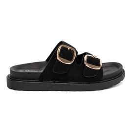 Shelvt Women's black flip flops with golden buckles 1