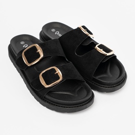 Shelvt Women's black flip flops with golden buckles 2