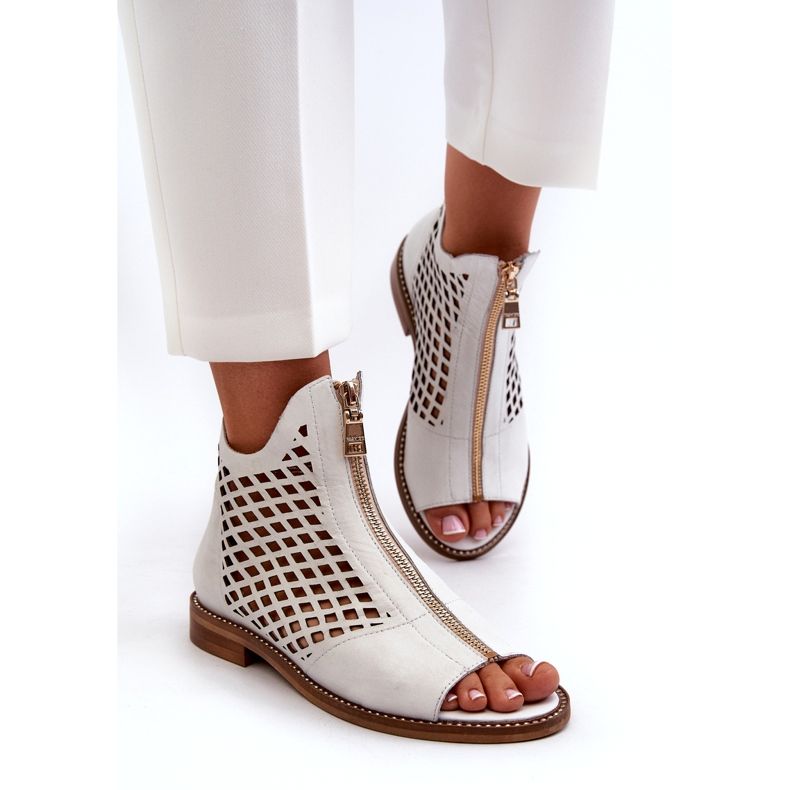 Zazoo 977/L Leather Openwork Sandals With Zipper, White 2
