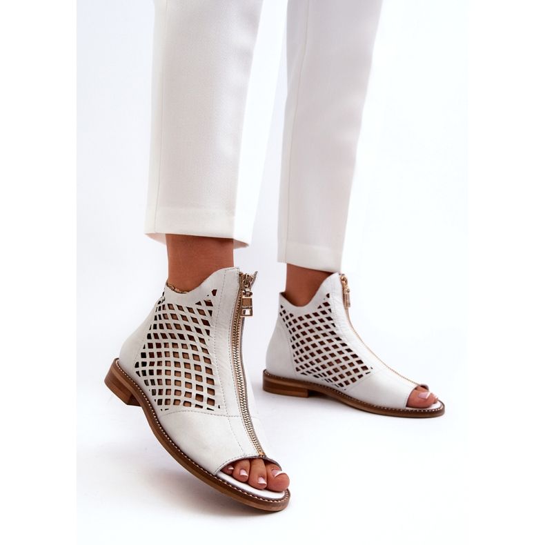 Zazoo 977/L Leather Openwork Sandals With Zipper, White 1