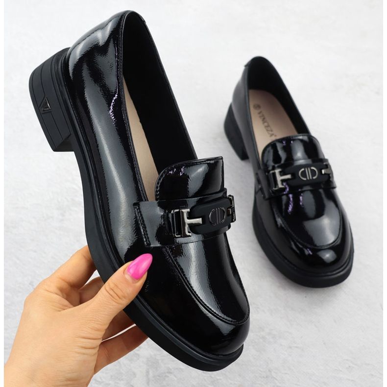 Women's leather shoes varnished loafers black Vinceza 39957 1