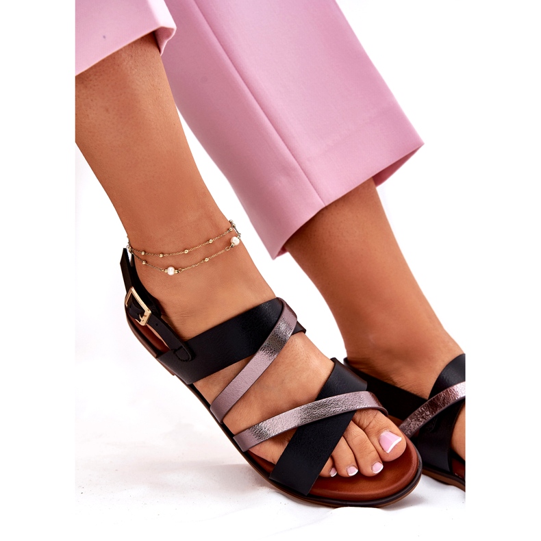 Flat -heeled women's sandals with Sergio Leone SK086H stripes black 3