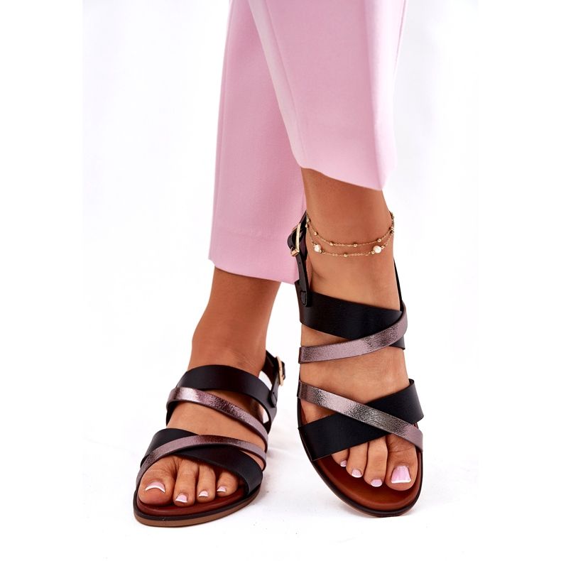 Flat -heeled women's sandals with Sergio Leone SK086H stripes black 1