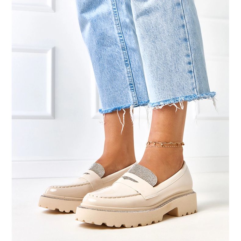 Beige varnished loafers decorated with Laures zircons 1