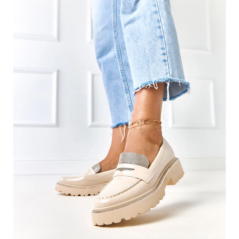 Beige varnished loafers decorated with Laures zircons 2