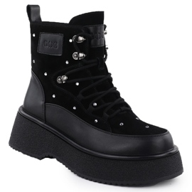 Women's leather boots with zircons on the Black Goe SS2N4140 platform 1
