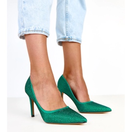 Green satin pumps with zircons on the heel ARANKA 1