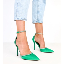 Green satin pumps with zircons fastened with ankle Zizia 1