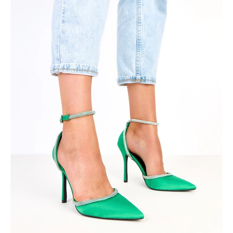 Green satin pumps with zircons fastened with ankle Zizia 1