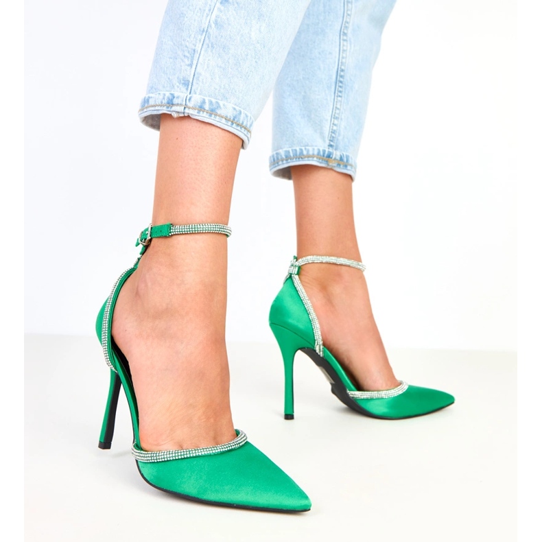 Green satin pumps with zircons fastened with ankle Zizia 2