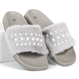 Slippers with fur and pearls grey 1