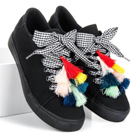 Ideal Shoes Black sneakers with fringes 1