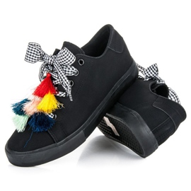 Ideal Shoes Black sneakers with fringes 2