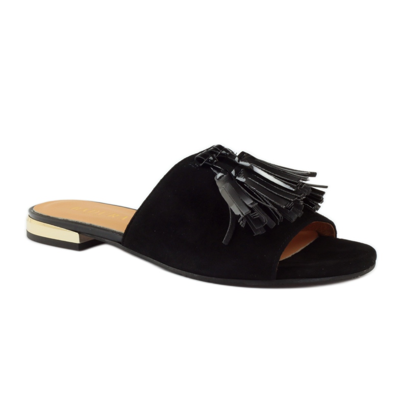 Black Slippers with fringes Badura 5133 black yellow 1 Black Slippers with fringes Badura 5133 black yellow 1