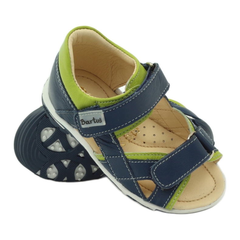 Leather boys sandals for Velcro 137 Navy/Green Bartuś blue 3