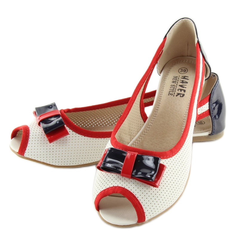 Open toe white ballerinas D314 WHITE / NAVY 2