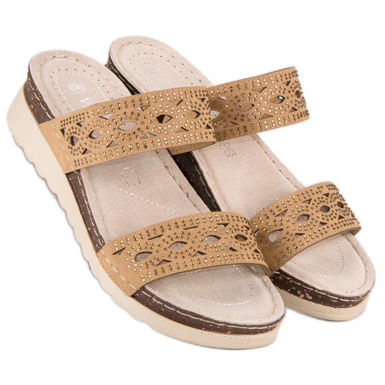 VINCEZA openwork slippers brown 2