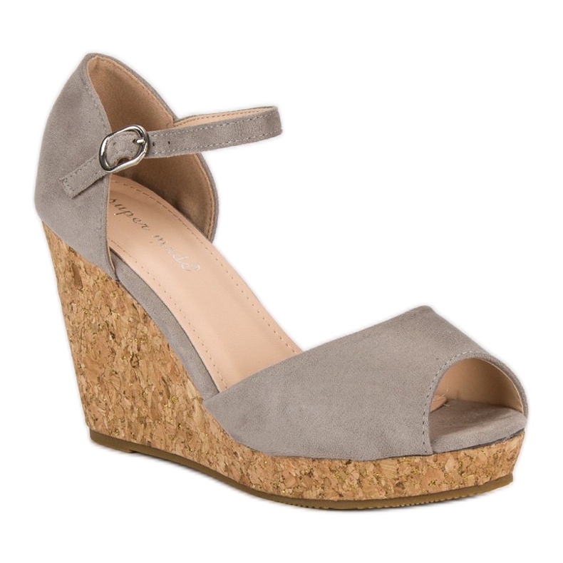 Super Me Sandals on a cork wedge heel grey 1