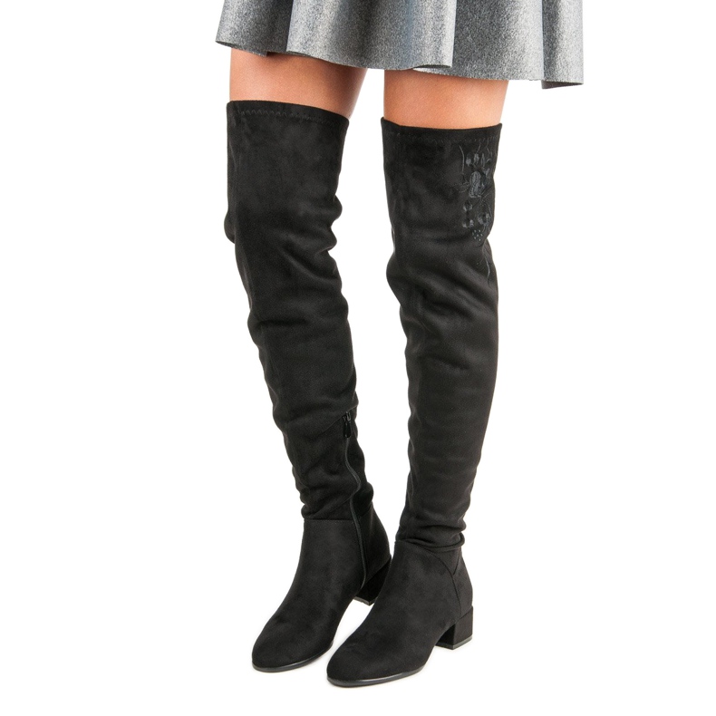 Suede thigh boots with embroidery black 1