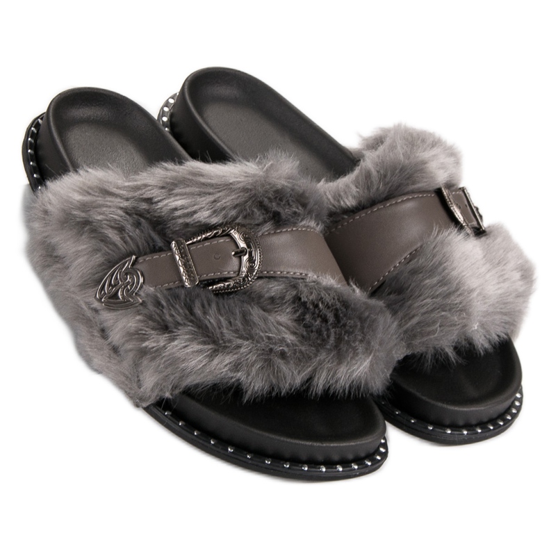 Fashionable flip-flops with fur grey 1