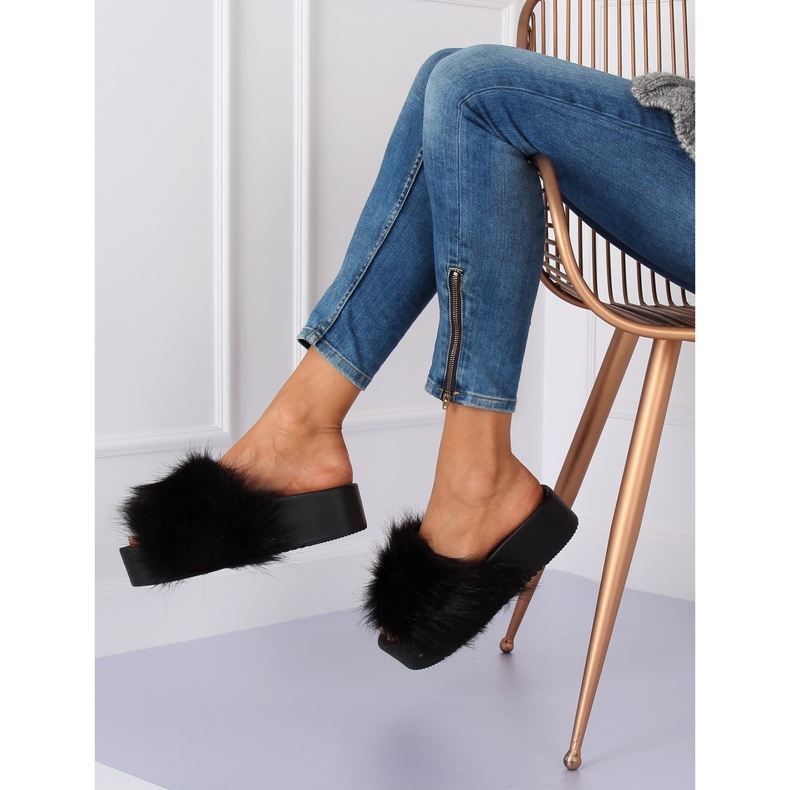 Black Slippers with fur black CK77P Black II-GAT 2