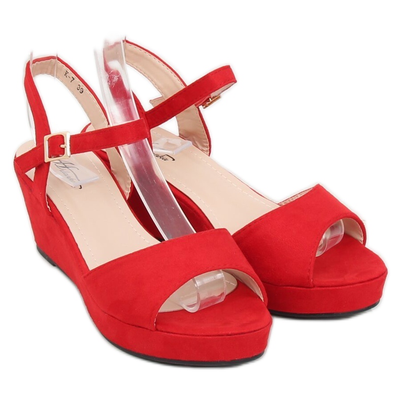 Red sandals on a low wedge heel K-7 Red 1