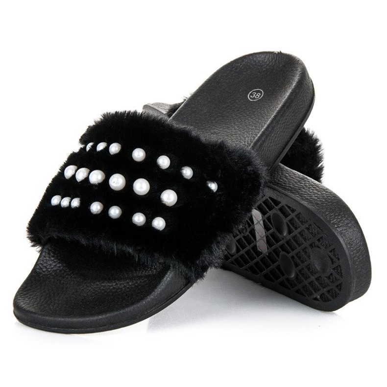 Slippers With Fur And Pearls black 2