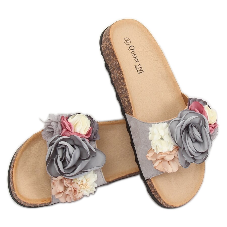 Gray slippers with flowers 218-170 Gray purple 1