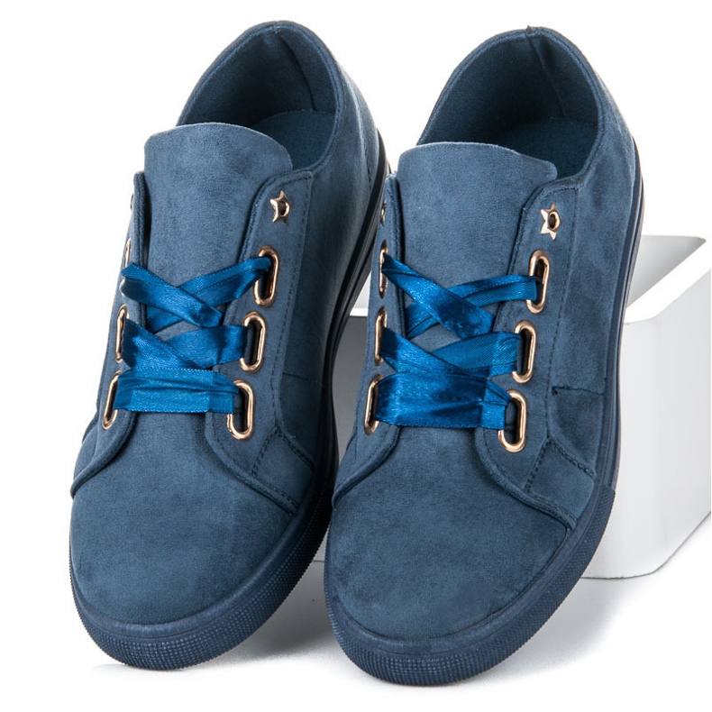 Ideal Shoes Suede Sneakers With Ribbon blue 2