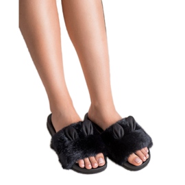 Vinceza Black Slippers With Fur 2