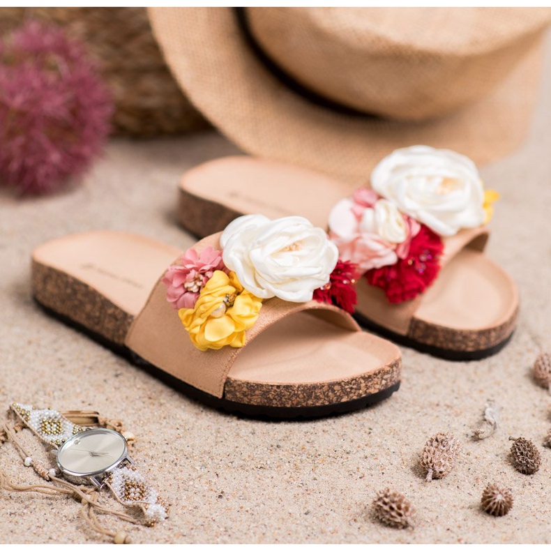 SHELOVET Suede Slippers With Flowers brown 2