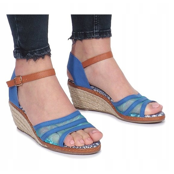 Blue sandals on the Monro low wedge heel 2
