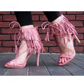 Sandals on a high heel with fringes Boho 8125 Pink 1