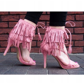 Sandals on a high heel with fringes Boho 8125 Pink 2
