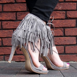 Sandals on a high heel with fringes Boho 8125 Gray grey 1