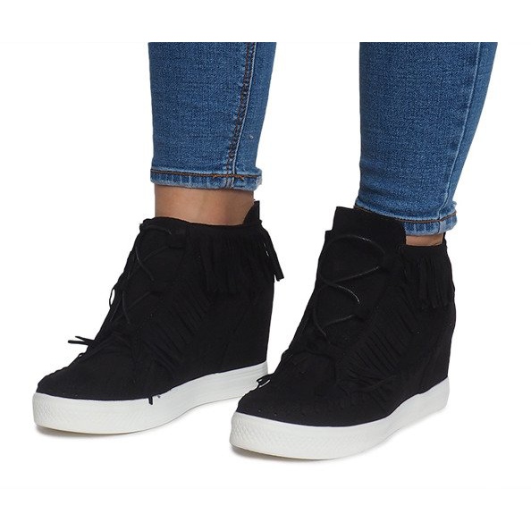 Wedge Sneakers With Fringes Boho AT-0613-1 Black 1