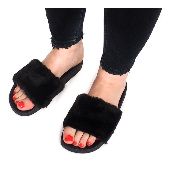 FS1 Women's Rubber Slippers With Fur Black Lucrece - KeeShoes
