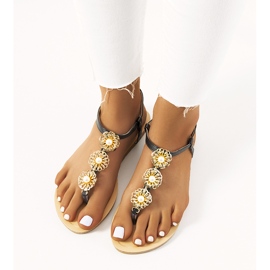 Black flat sandals with Okra pearls 1