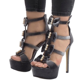 Suede Sandals On A High Heel M249 Gray black 2