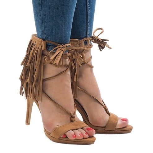 Beige sandals on a stiletto heel, boho suede 8125-1 2