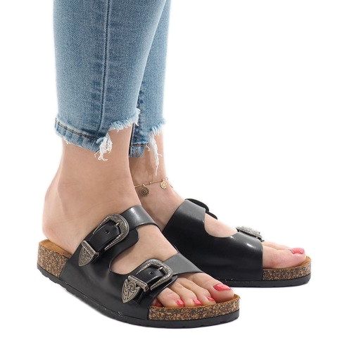 Black slippers with buckles 7018-PL 2